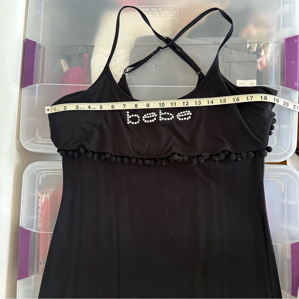 Bebe Rhinestone Logo Maxi Dress Off-Shoulder Pom Pom Trim Size XL Y2K Bling - Picture 8 of 11